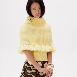 Soft Ribbed Fringe Poncho Sweater in Pale Yellow